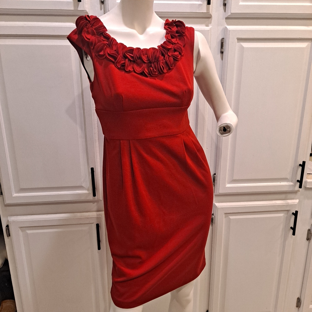 London Times Red Sleeveless Dress W/Rosettes At Neckline